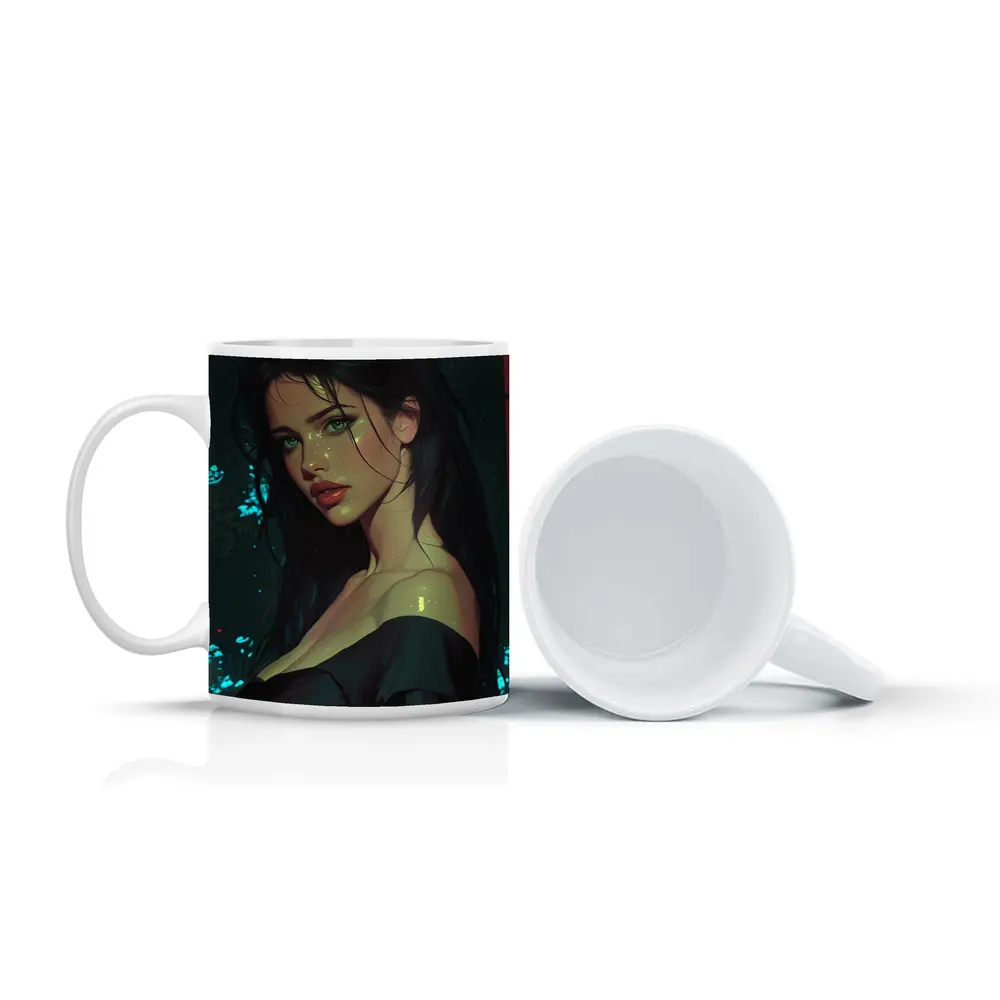 Dark Haired Woman Green Eyes Neon Night – Mugs