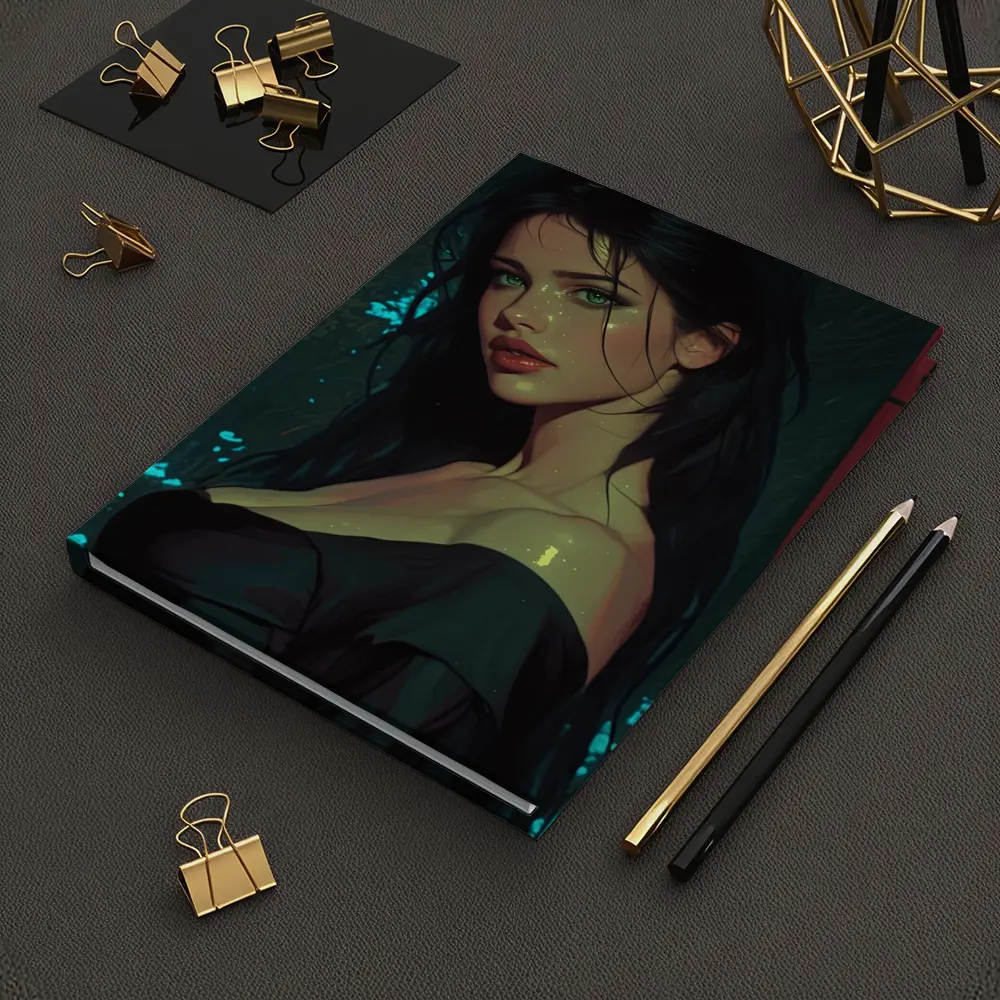Dark Haired Woman Green Eyes Neon Night – Notebooks
