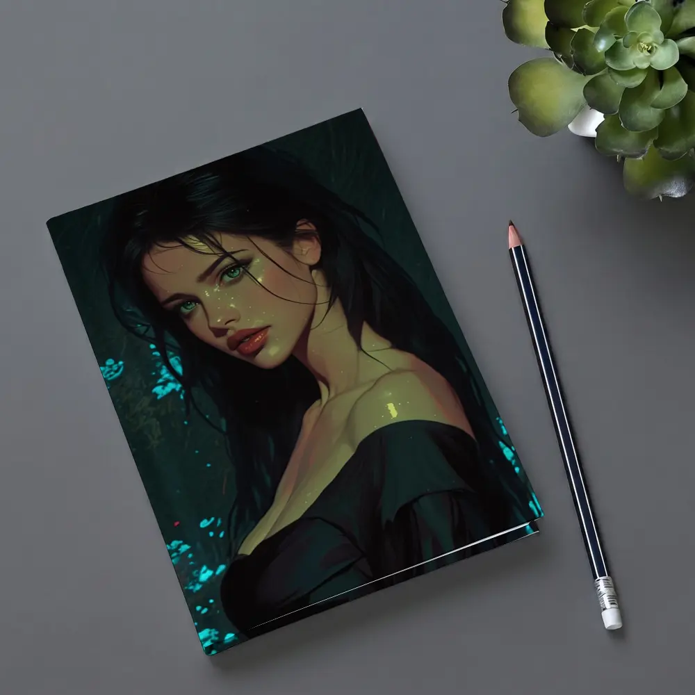 Dark Haired Woman Green Eyes Neon Night – Notebooks