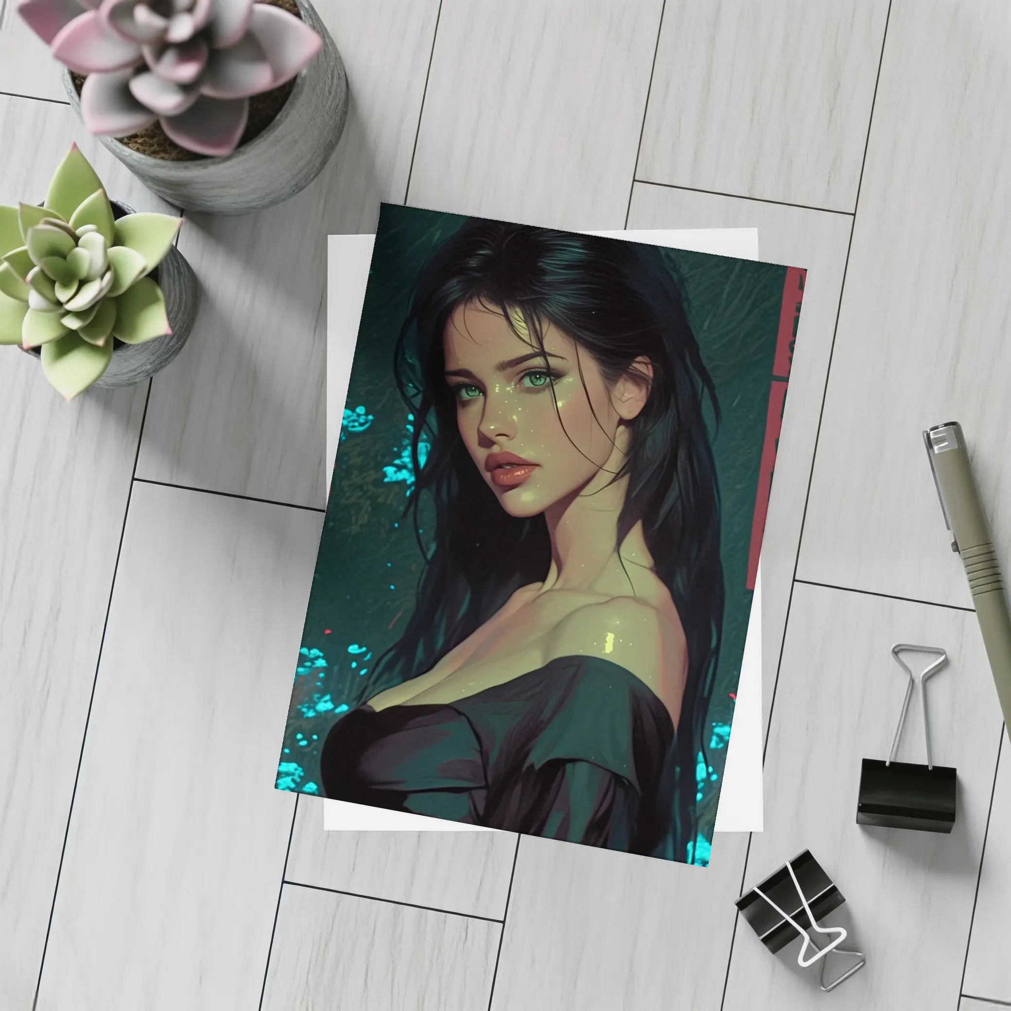 Dark Haired Woman Green Eyes Neon Night – Postcards