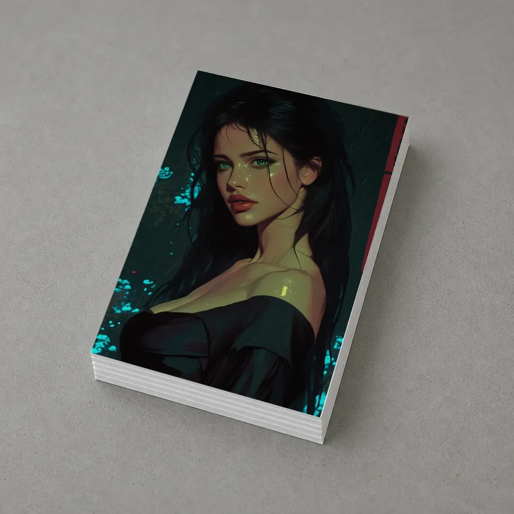 Dark Haired Woman Green Eyes Neon Night – Postcards