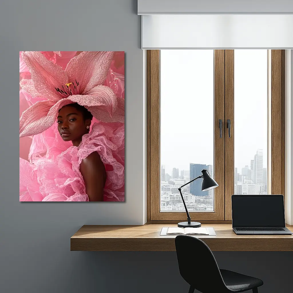 Woman Pink Lily Flower Headdress Portrait – Wall Art