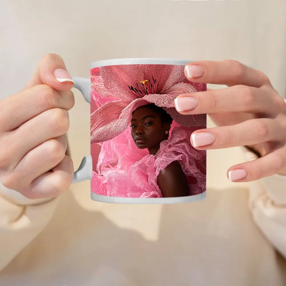 Woman Pink Lily Flower Headdress Portrait – Mugs