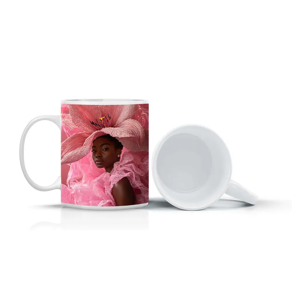 Woman Pink Lily Flower Headdress Portrait – Mugs