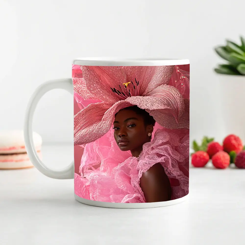Woman Pink Lily Flower Headdress Portrait – Mugs