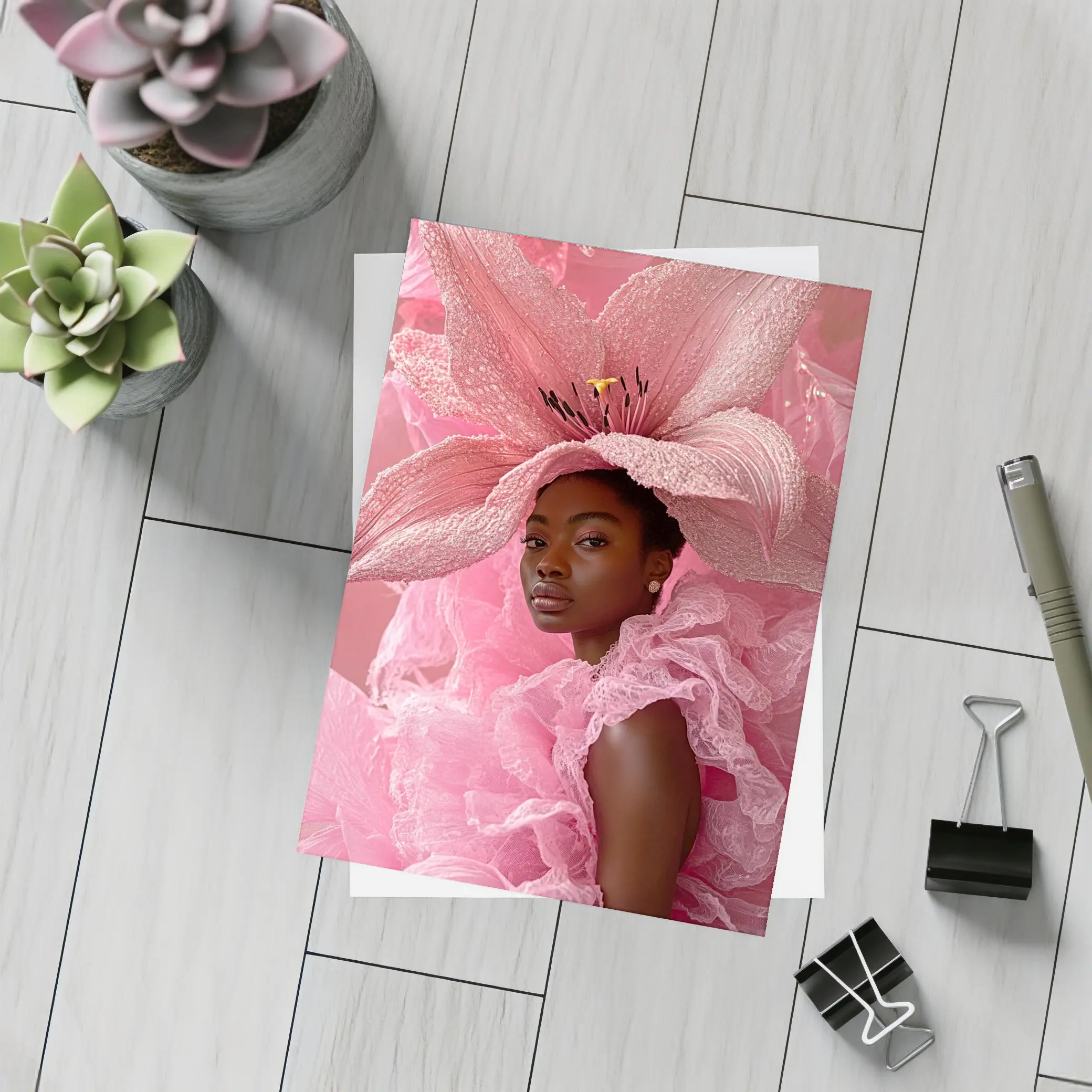Woman Pink Lily Flower Headdress Portrait – Postcards