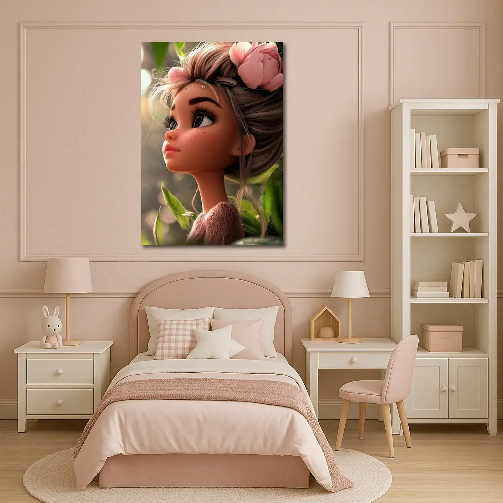 Cartoon Girl Pink Flower Garden Fantasy – Wall Art