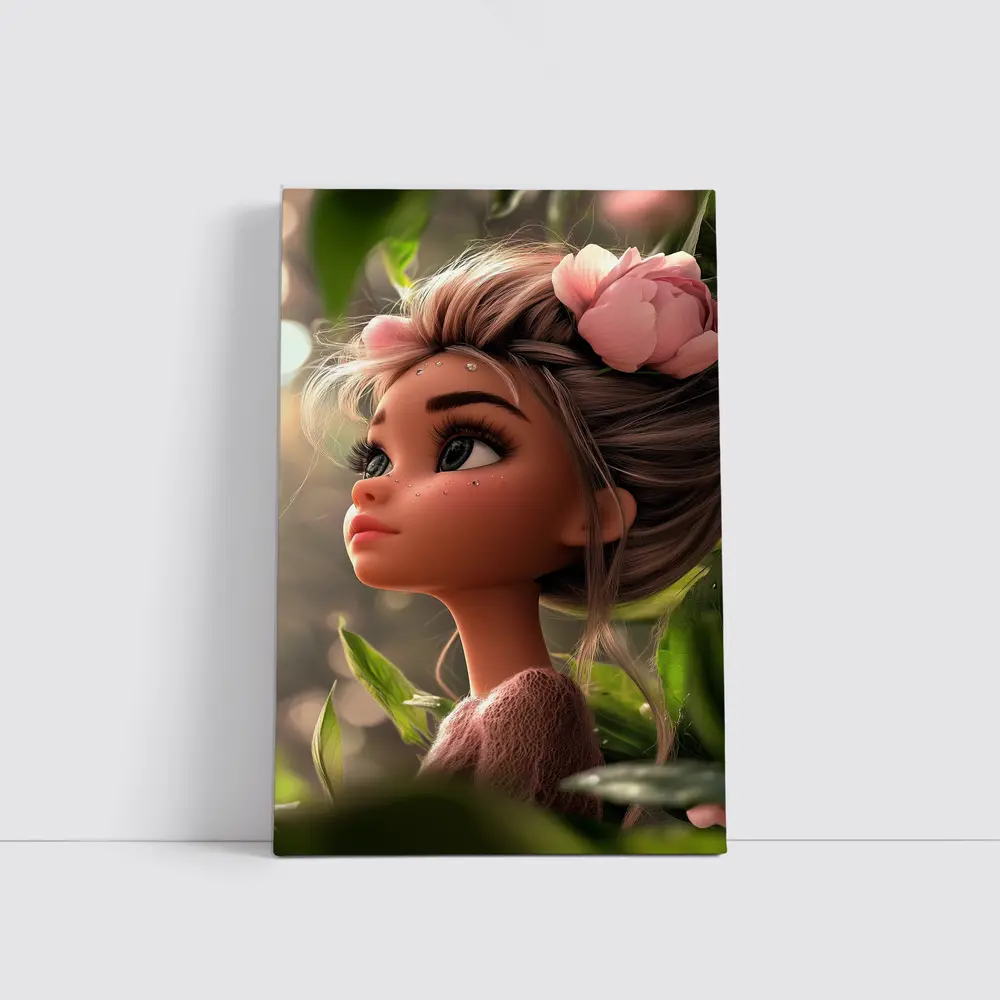 Cartoon Girl Pink Flower Garden Fantasy – Wall Art