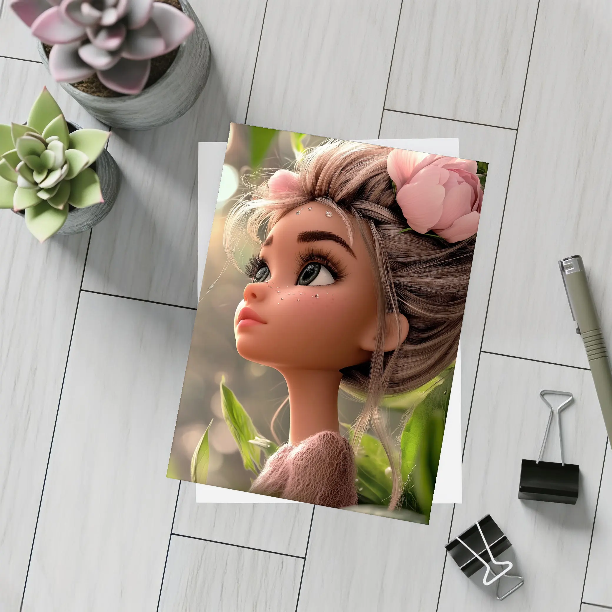 Cartoon Girl Pink Flower Garden Fantasy – Postcards