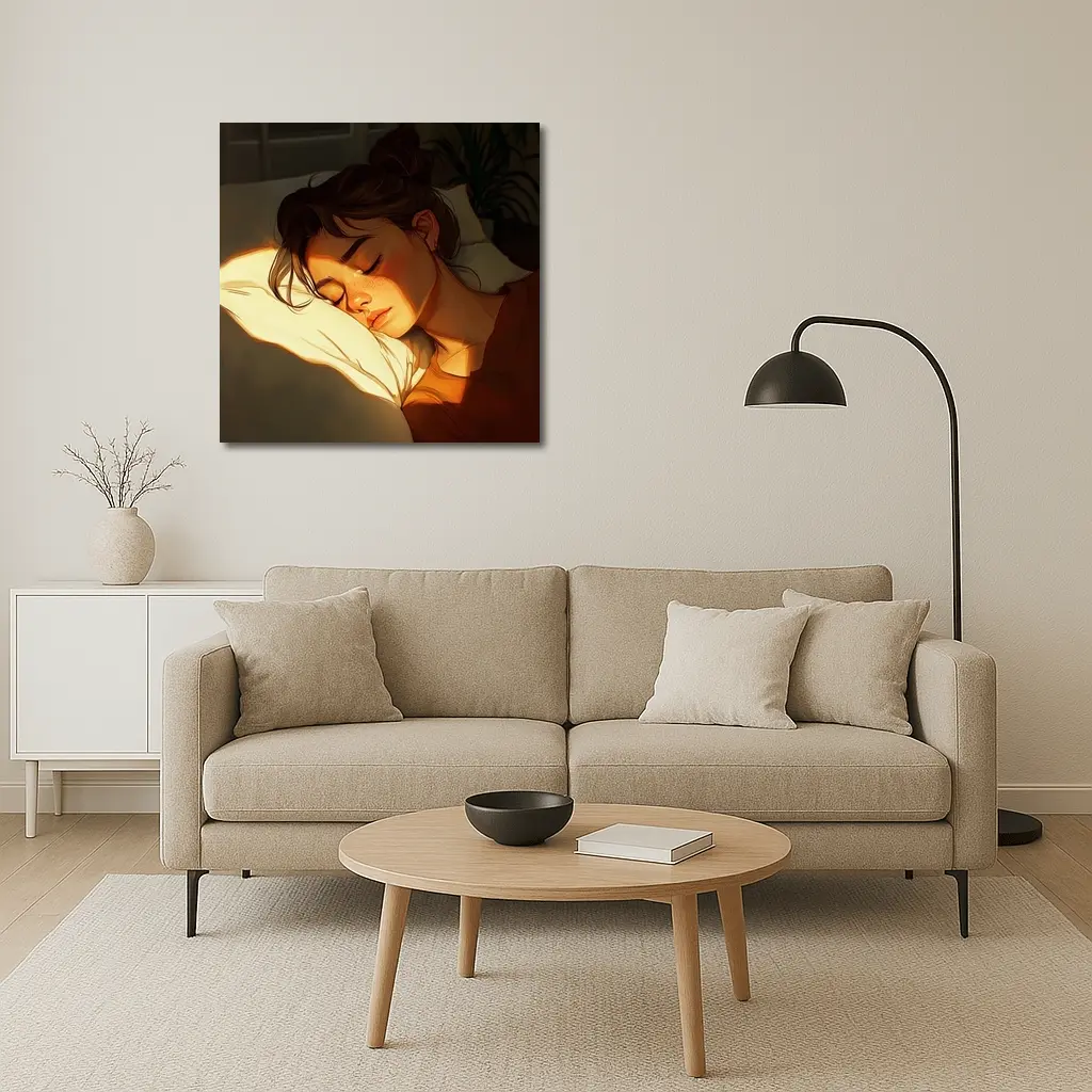 Sleeping Woman Warm Golden Light Illustration – Wall Art