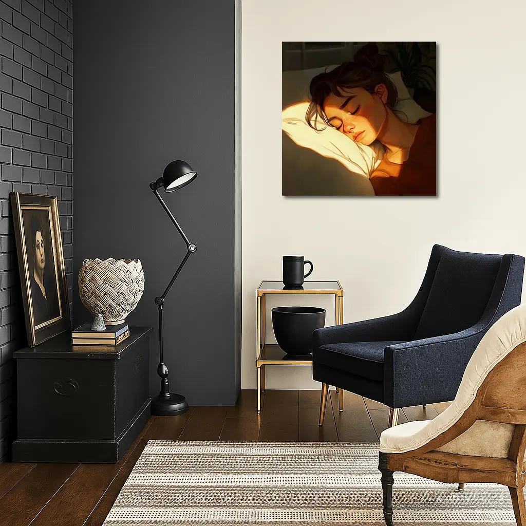 Sleeping Woman Warm Golden Light Illustration – Wall Art