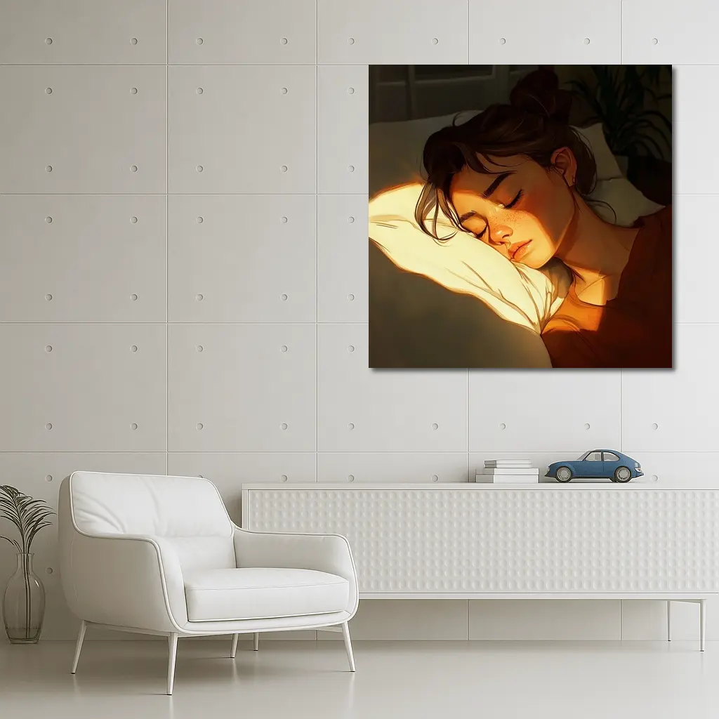 Sleeping Woman Warm Golden Light Illustration – Wall Art
