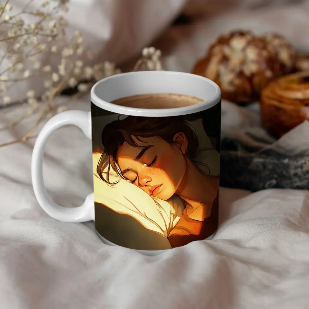 Sleeping Woman Warm Golden Light Illustration – Mugs