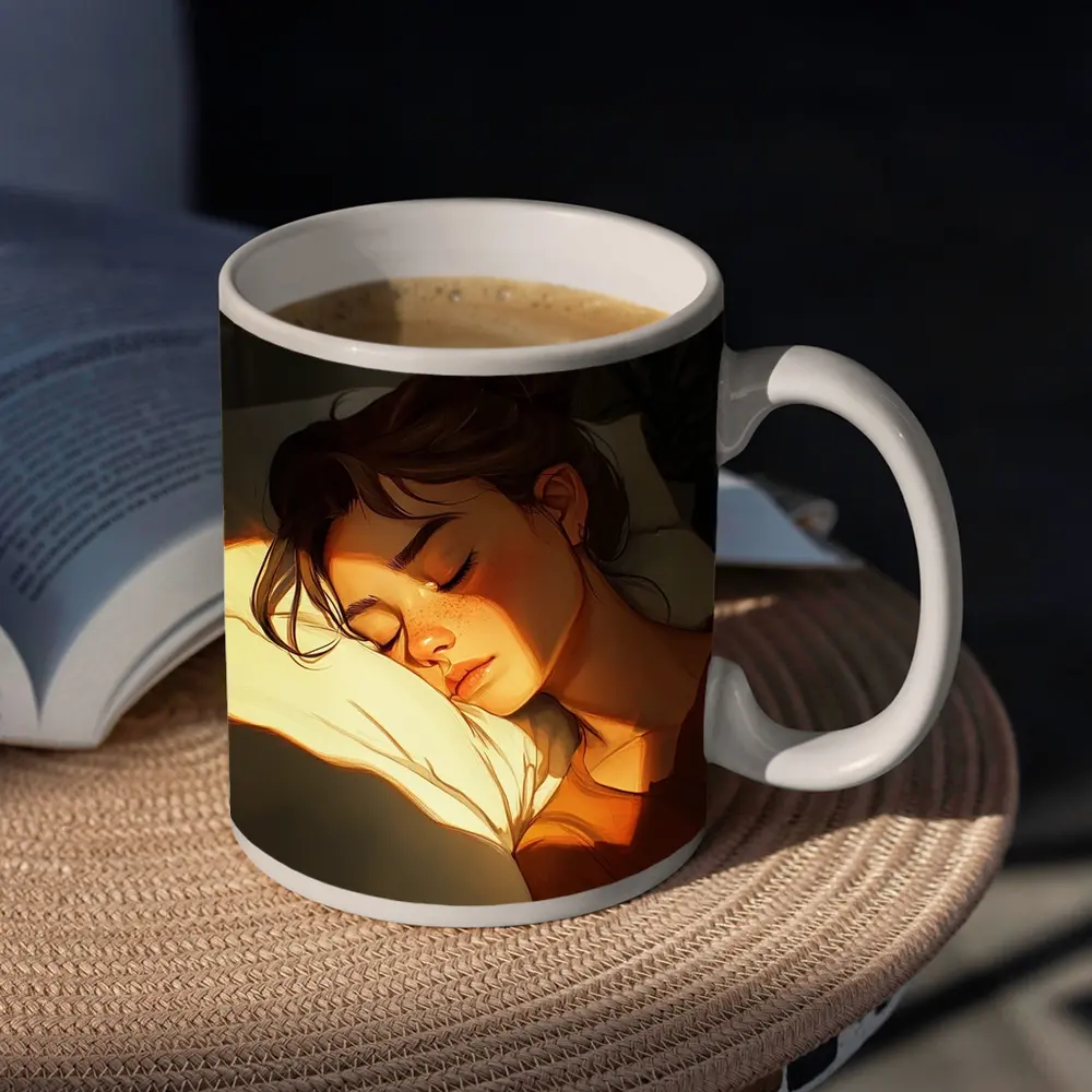 Sleeping Woman Warm Golden Light Illustration – Mugs