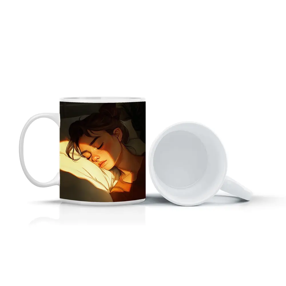 Sleeping Woman Warm Golden Light Illustration – Mugs