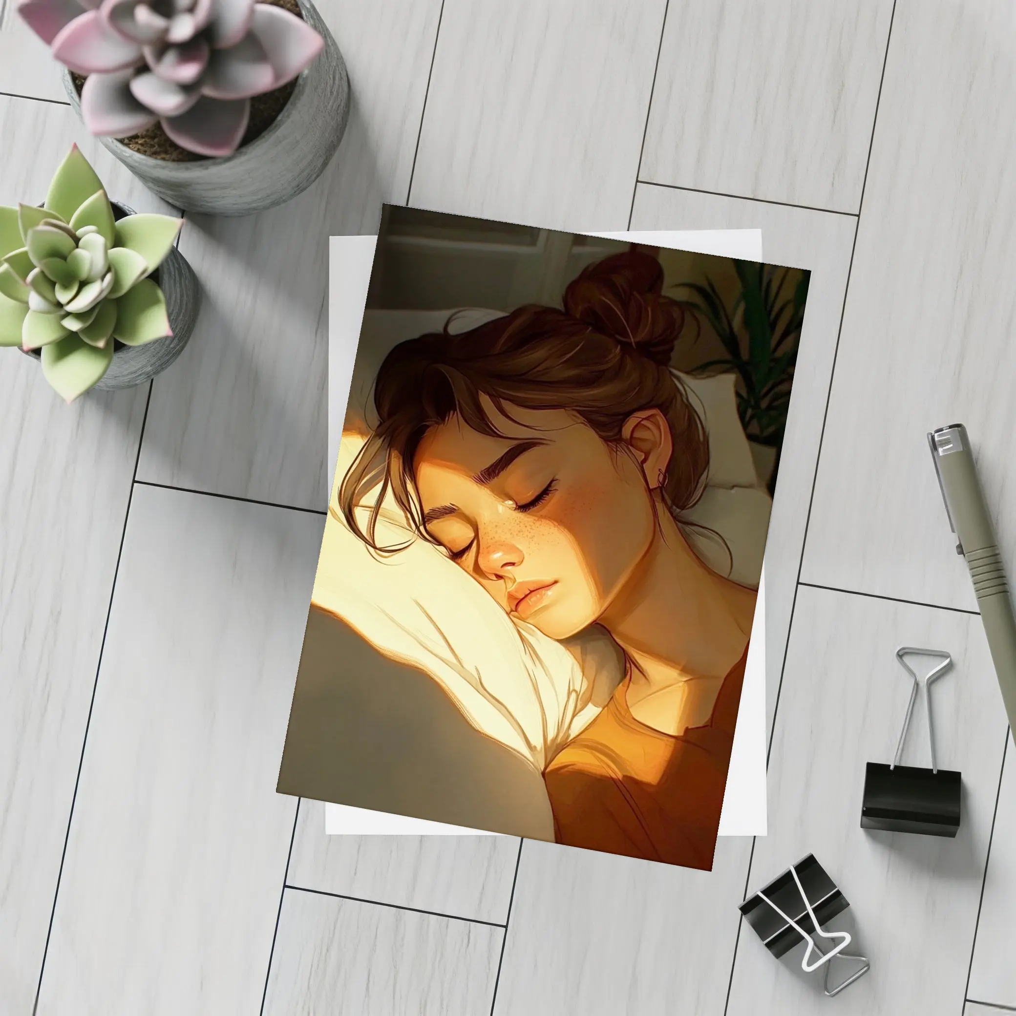 Sleeping Woman Warm Golden Light Illustration – Postcards