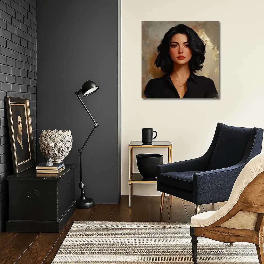 Dark Haired Woman Portrait Gold Abstract Background – Wall Art