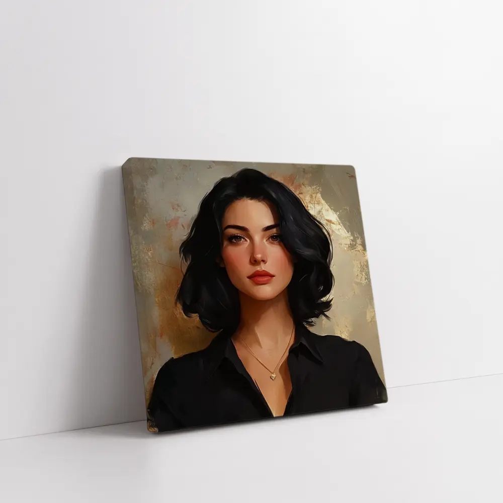Dark Haired Woman Portrait Gold Abstract Background – Wall Art
