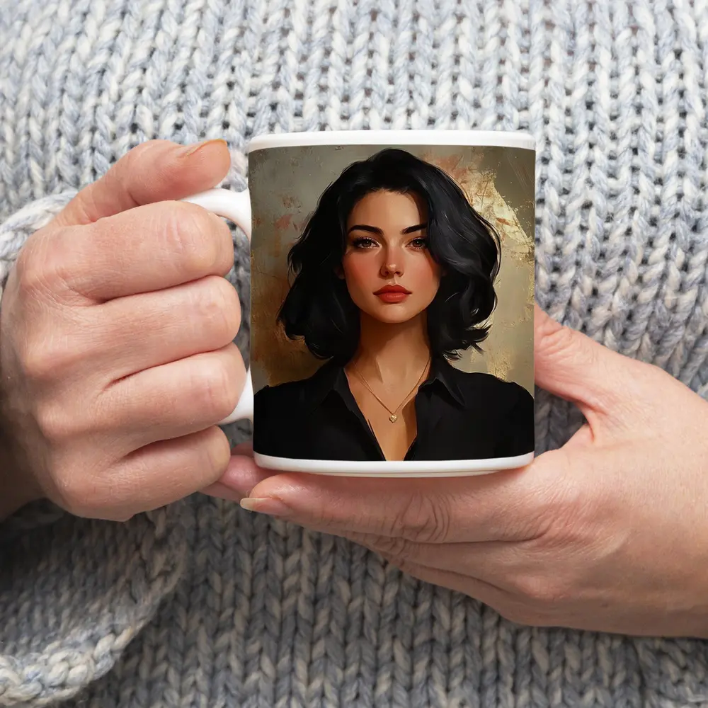Dark Haired Woman Portrait Gold Abstract Background – Mugs