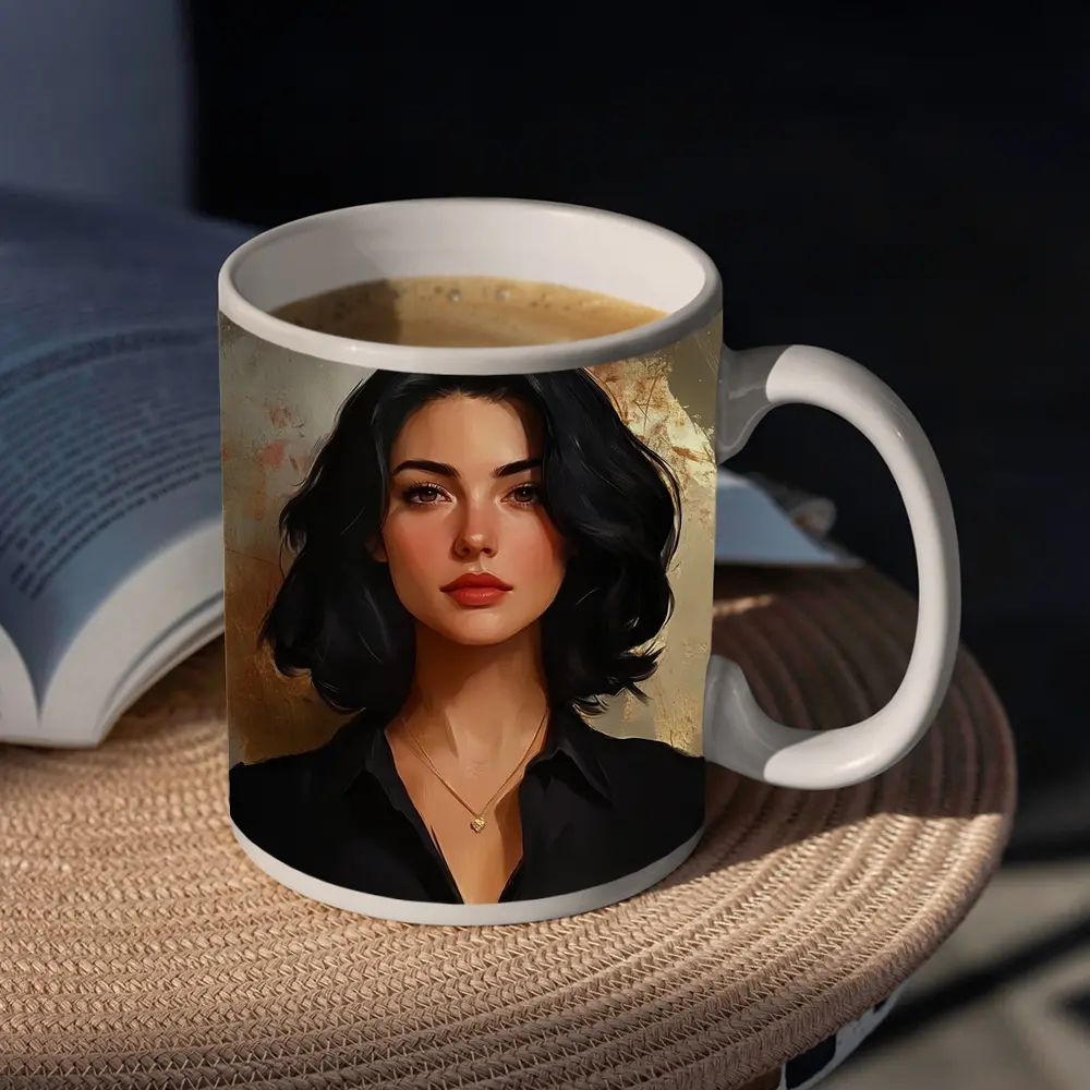 Dark Haired Woman Portrait Gold Abstract Background – Mugs
