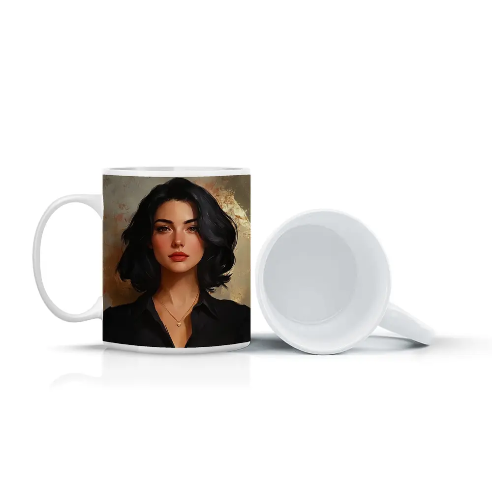 Dark Haired Woman Portrait Gold Abstract Background – Mugs