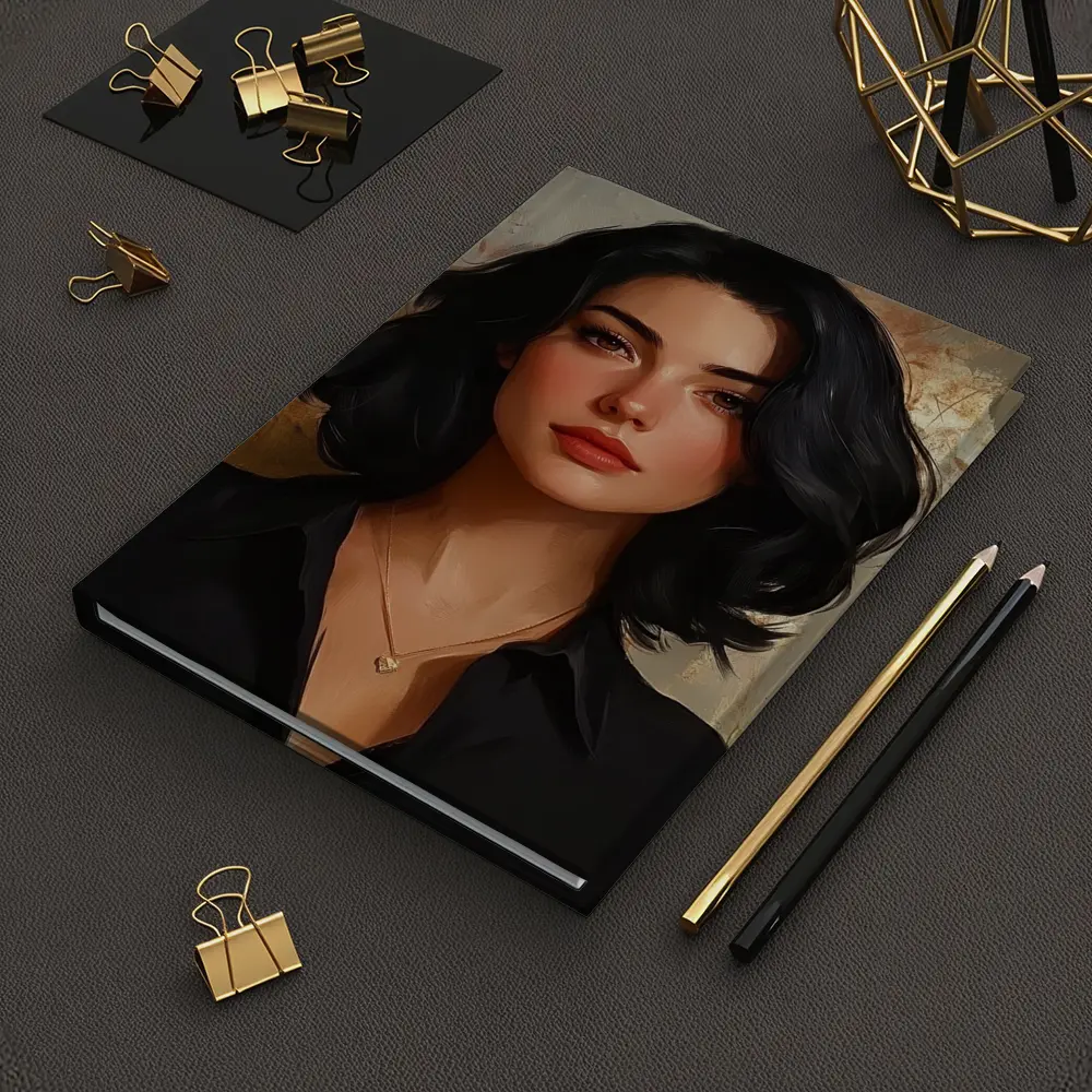 Dark Haired Woman Portrait Gold Abstract Background – Notebooks
