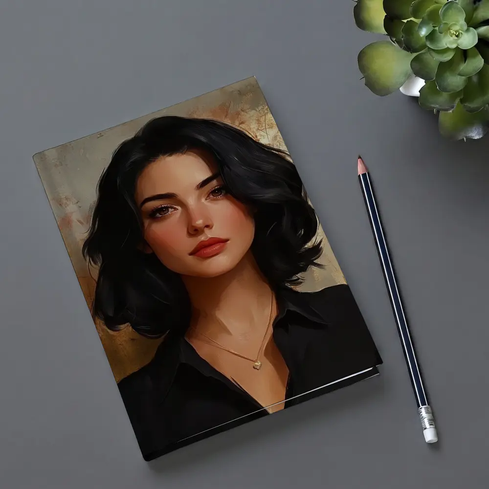 Dark Haired Woman Portrait Gold Abstract Background – Notebooks