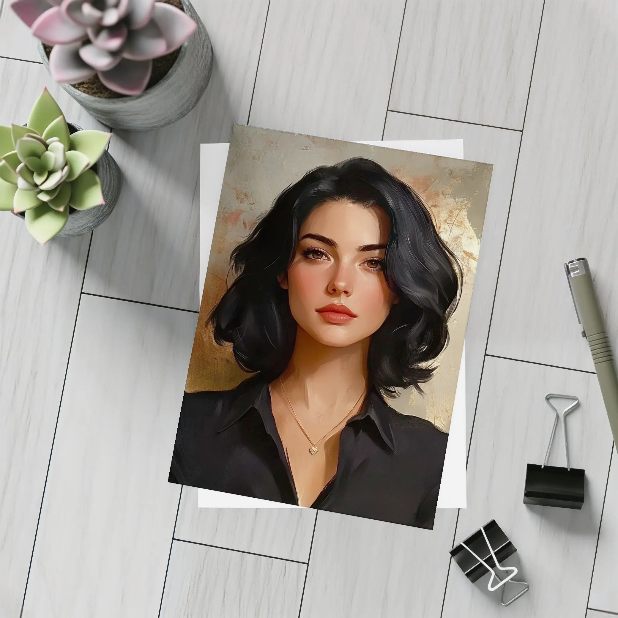 Dark Haired Woman Portrait Gold Abstract Background – Postcards