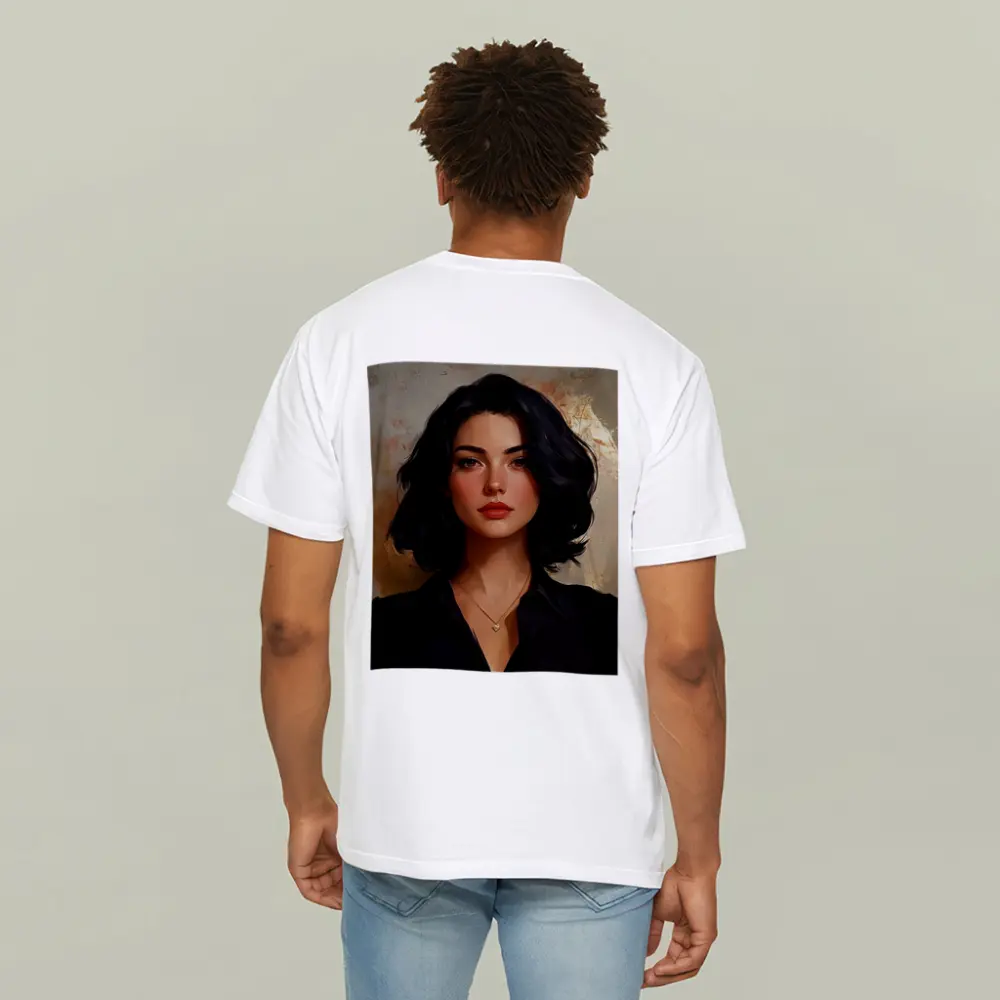 Dark Haired Woman Portrait Gold Abstract Background – T-Shirts