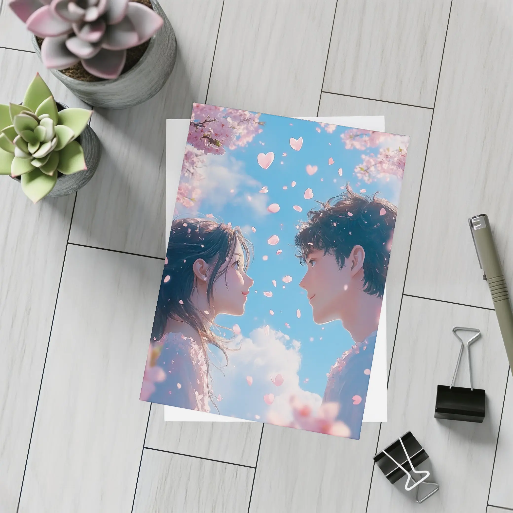 Anime Couple Cherry Blossom Blue Sky – Postcards