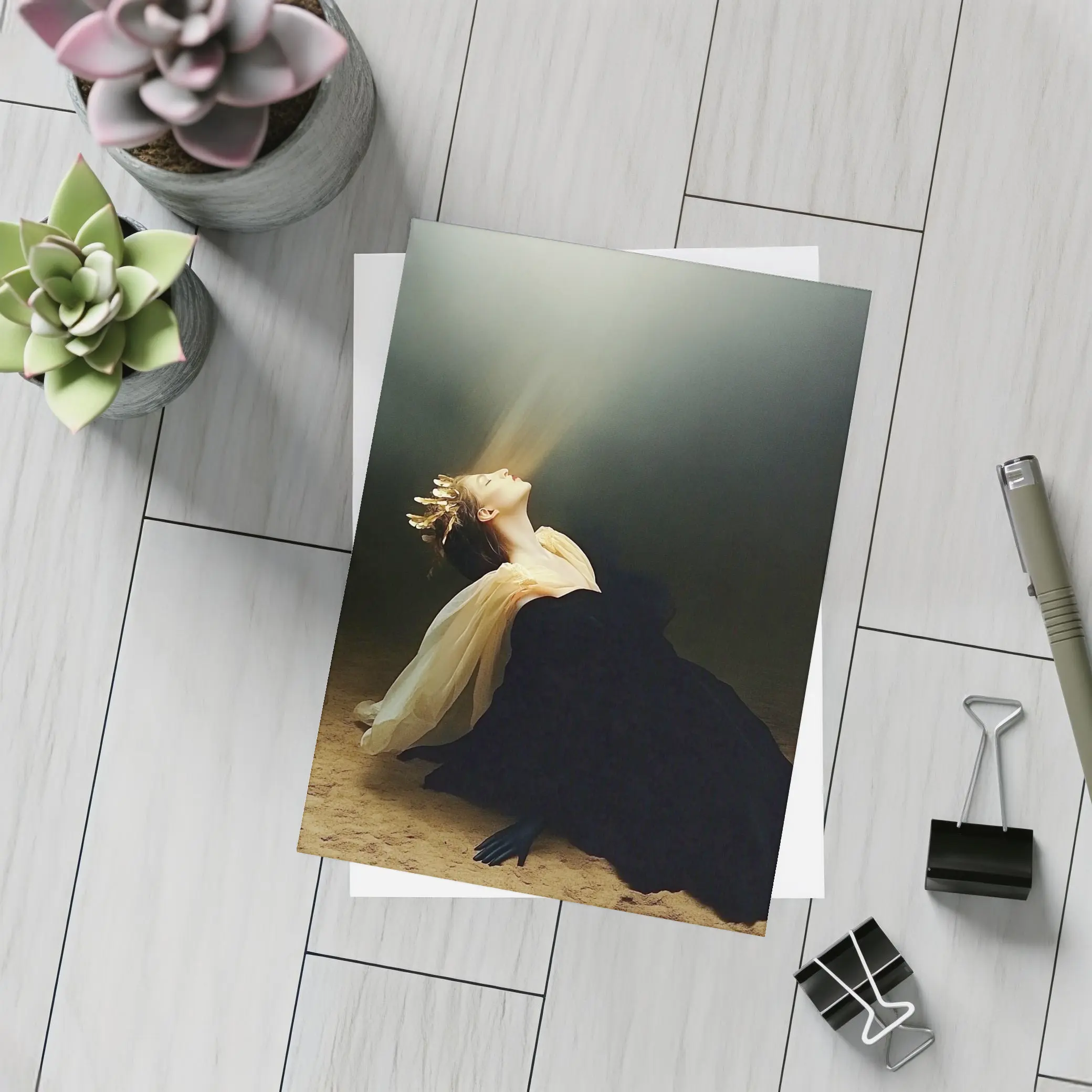 Woman in Black Dress Light Beam Dark – Postcards
