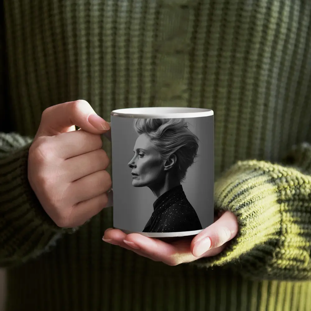Black White Woman Portrait Gray Background – Mugs