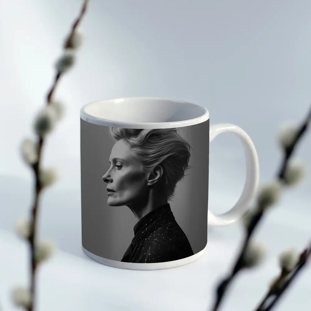 Black White Woman Portrait Gray Background – Mugs