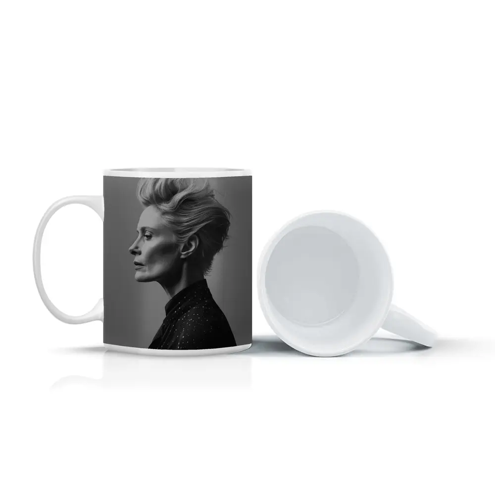 Black White Woman Portrait Gray Background – Mugs