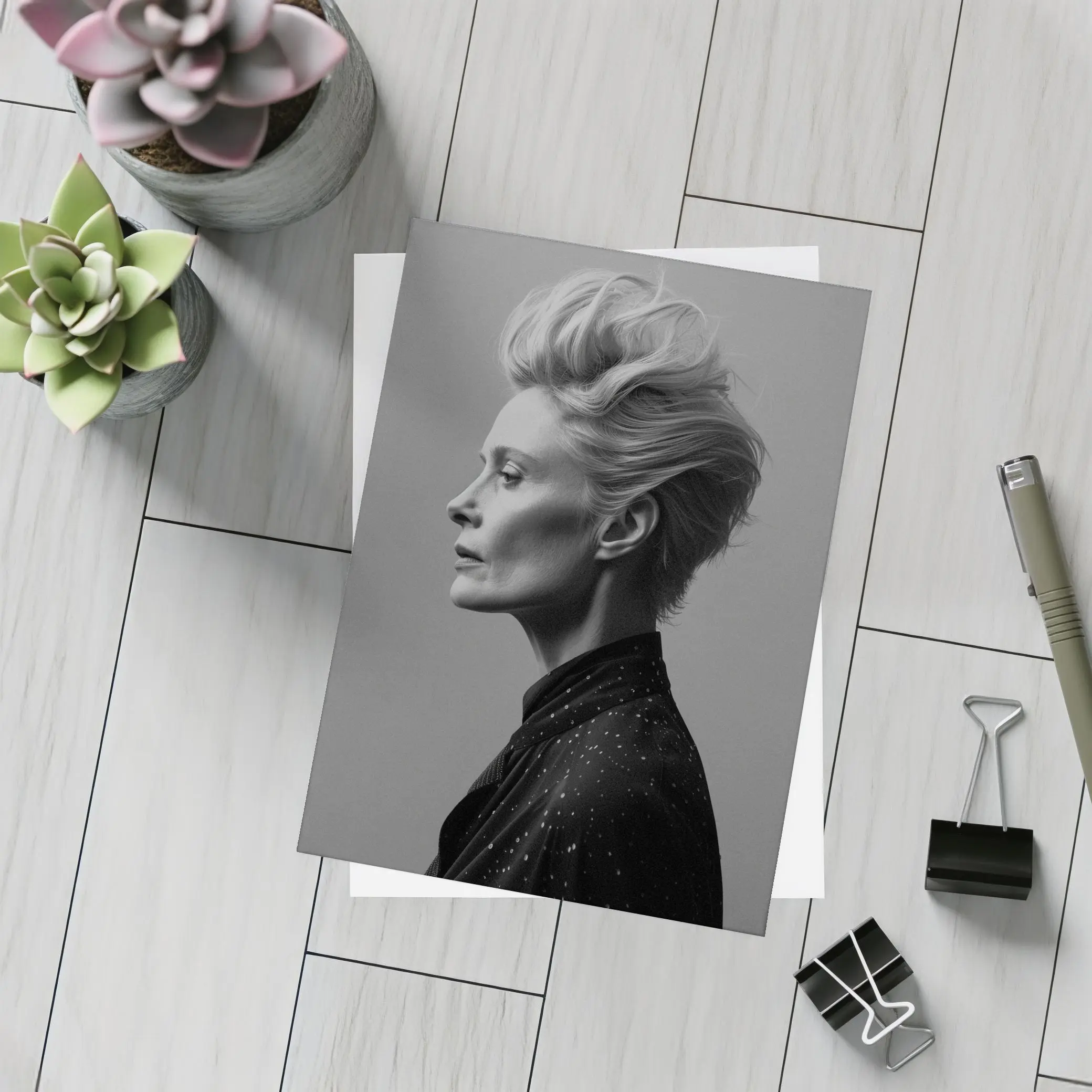 Black White Woman Portrait Gray Background – Postcards