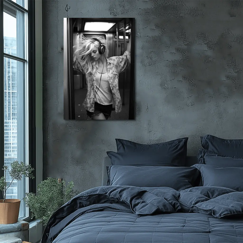 Blonde Woman Headphones Dancing Subway Train – Wall Art