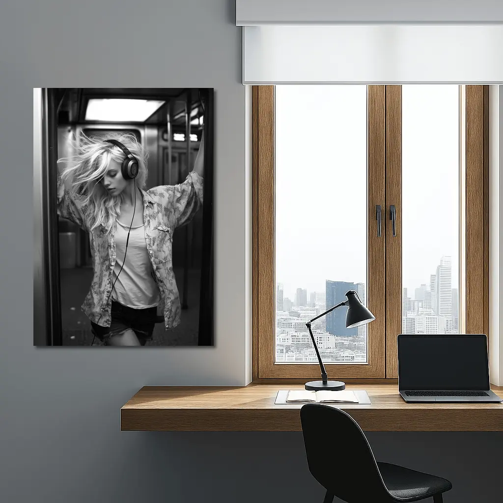 Blonde Woman Headphones Dancing Subway Train – Wall Art