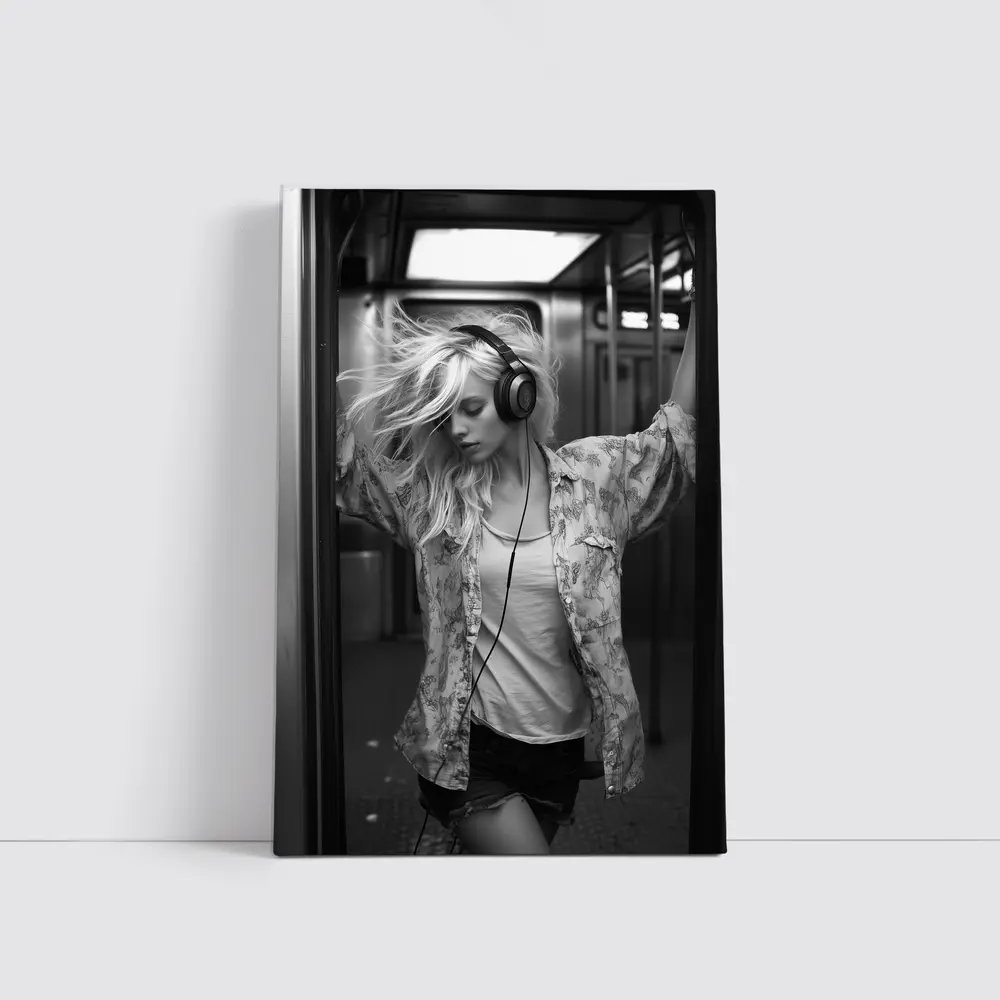 Blonde Woman Headphones Dancing Subway Train – Wall Art