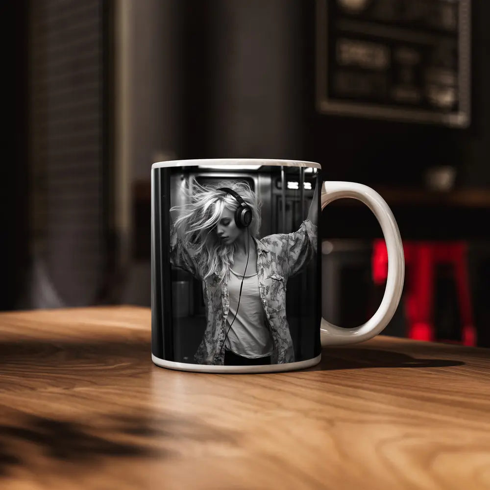 Blonde Woman Headphones Dancing Subway Train – Mugs