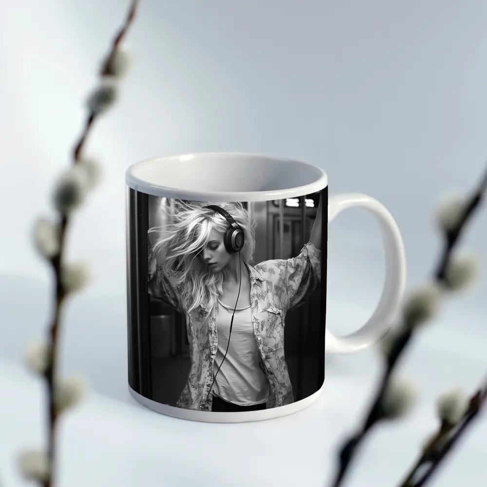 Blonde Woman Headphones Dancing Subway Train – Mugs