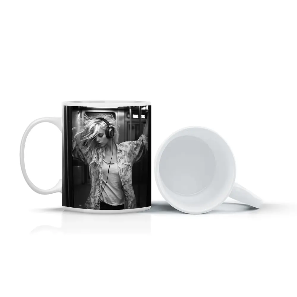 Blonde Woman Headphones Dancing Subway Train – Mugs