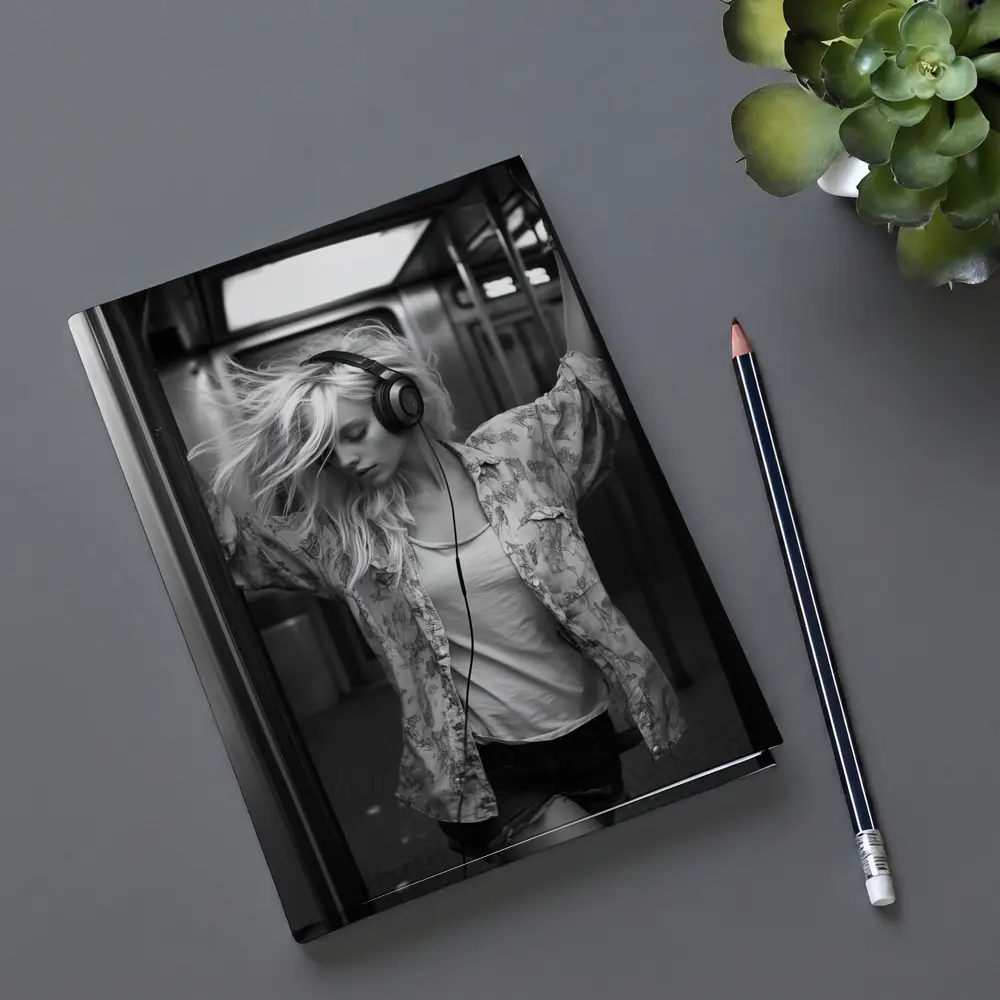 Blonde Woman Headphones Dancing Subway Train – Notebooks