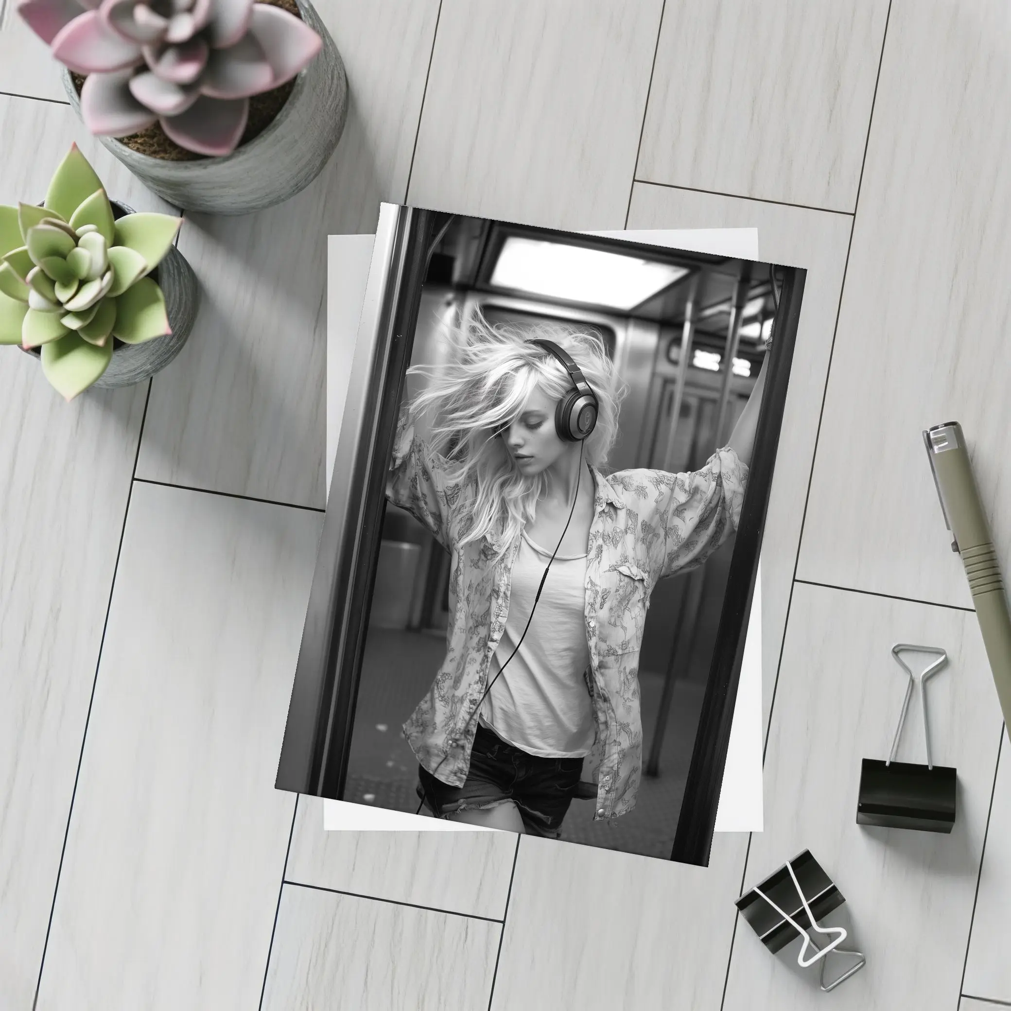 Blonde Woman Headphones Dancing Subway Train – Postcards