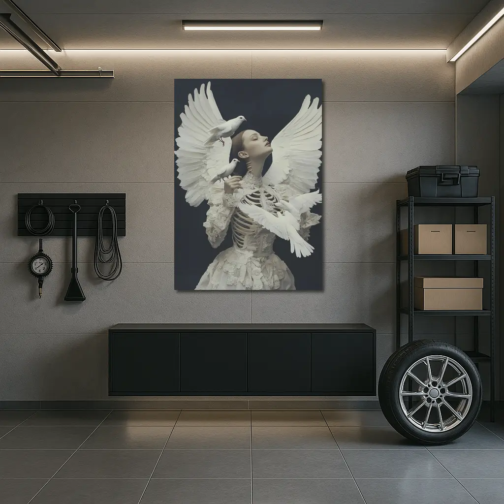 Woman With White Doves Skeleton Dark Background – Wall Art