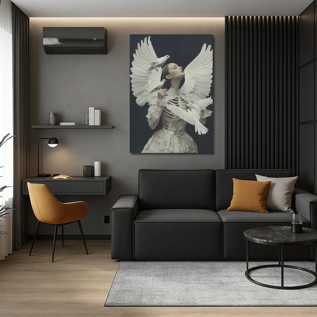 Woman With White Doves Skeleton Dark Background – Wall Art