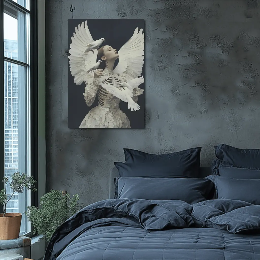 Woman With White Doves Skeleton Dark Background – Wall Art