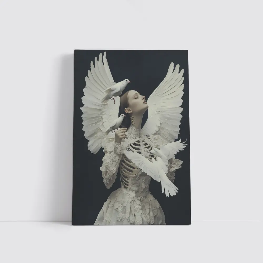 Woman With White Doves Skeleton Dark Background – Wall Art