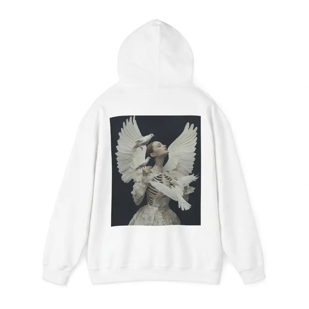 Woman With White Doves Skeleton Dark Background – Hoodies