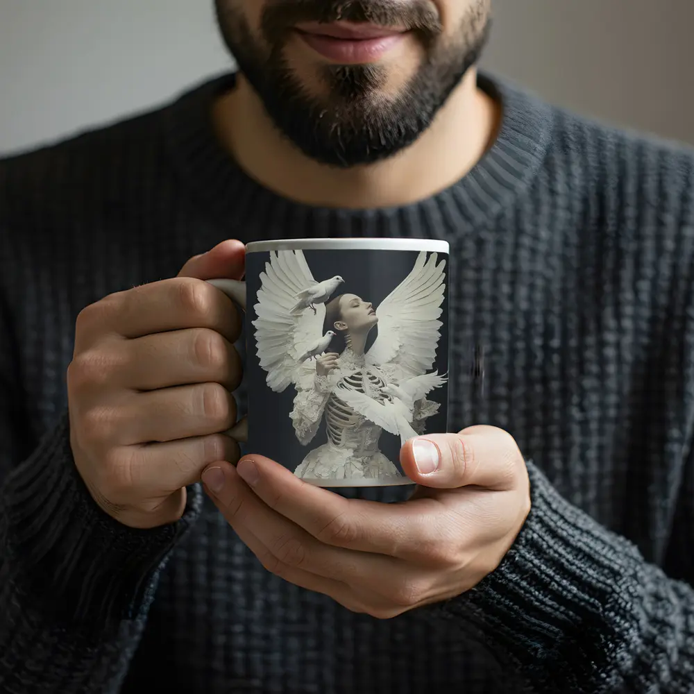 Woman With White Doves Skeleton Dark Background – Mugs