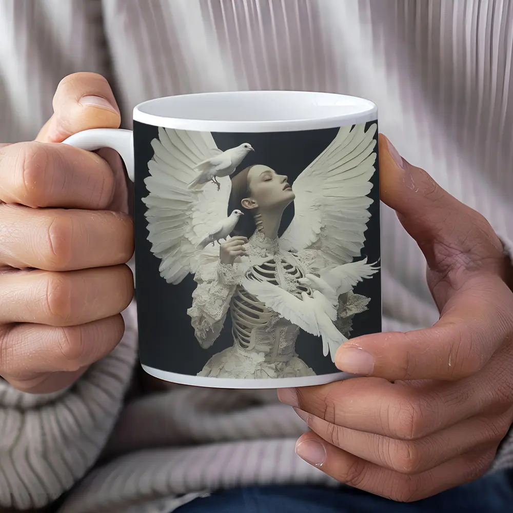 Woman With White Doves Skeleton Dark Background – Mugs